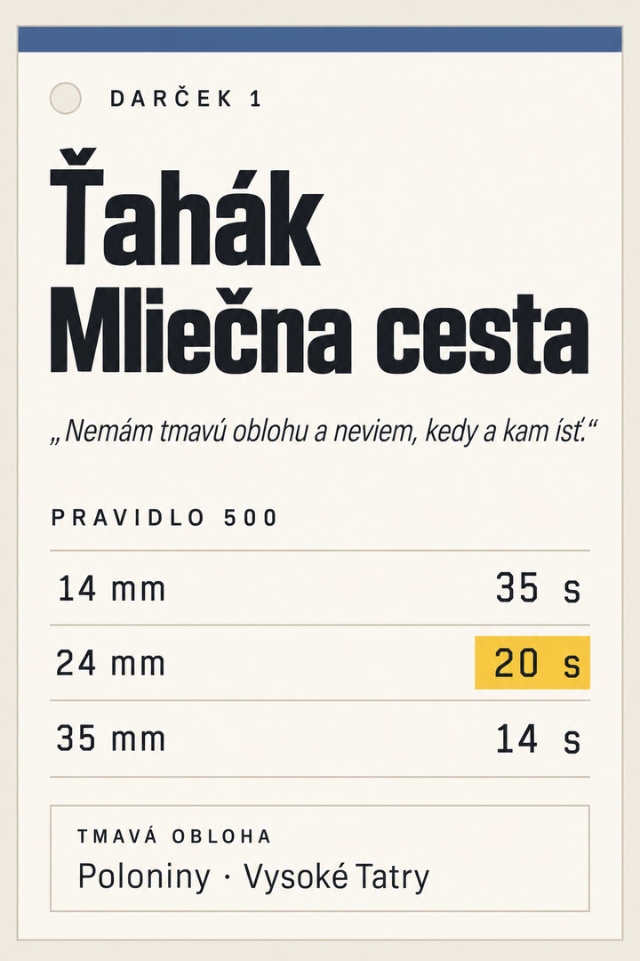 Darček 1: Ťahák Mliečna cesta – pravidlo 500 podľa objektívov, sezóna Mliečnej cesty, plán noci a miesta s tmavou oblohou na Slovensku (Poloniny, Vysoké Tatry)