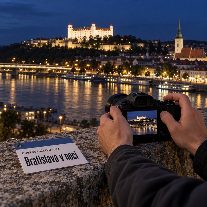 Ruky opierajú fotoaparát o kamenný múrik, v pozadí osvetlený Bratislavský hrad, vedľa ťahák Bratislava v noci