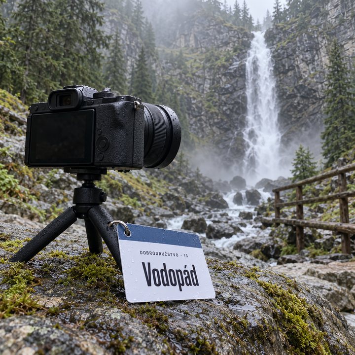 Fotoaparát na malom statíve pri vodopáde Skok vo Vysokých Tatrách, o statív opretý ťahák Vodopád