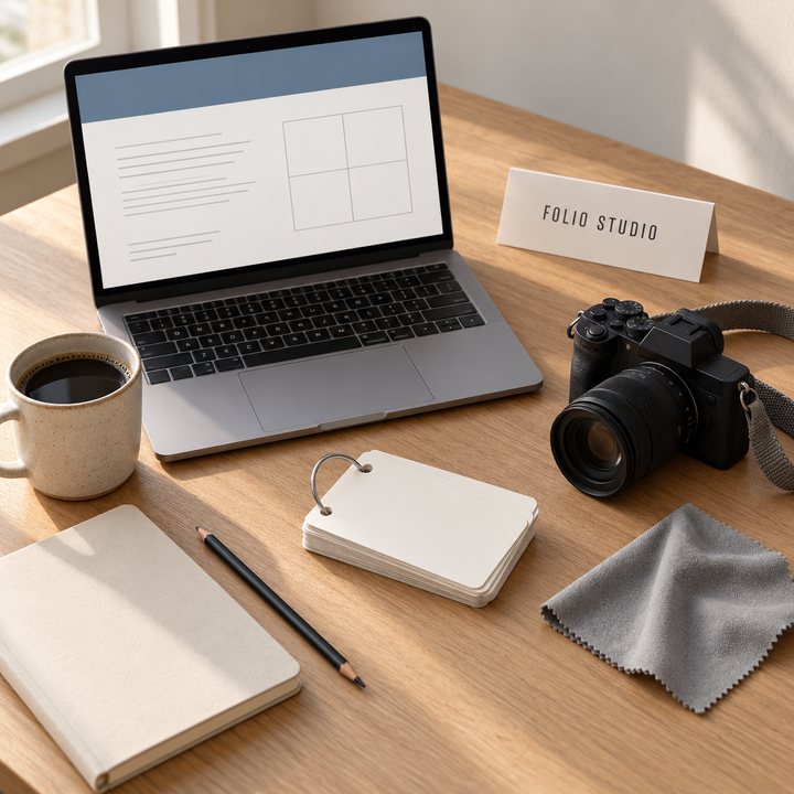Pracovný stôl Folio Studio: notebook, ťaháky na krúžku, fotoaparát a zošit