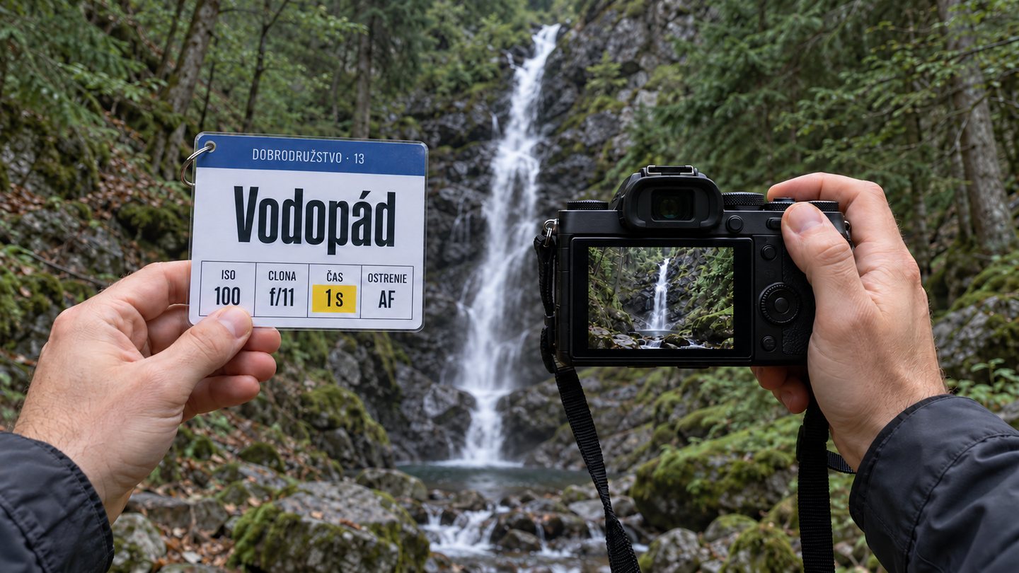 Ruky držia fotoaparát pred vodopádom, v druhej ruke ťahák „Vodopád“ so štyrmi číslami